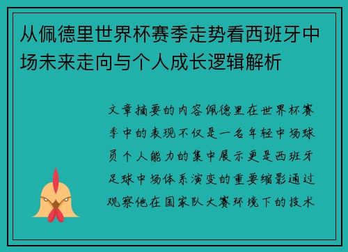 从佩德里世界杯赛季走势看西班牙中场未来走向与个人成长逻辑解析
